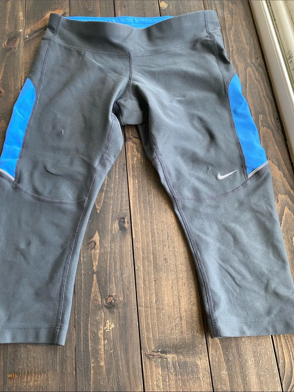 Nike Gray Capri Leggings with Bright Blue Side Panels